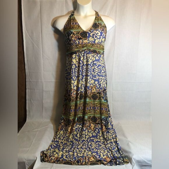 Talia Bohemian Style Halter Tie Cumberbun Waist Printed Maxi Dress. Size Medium - Picture 1 of 8